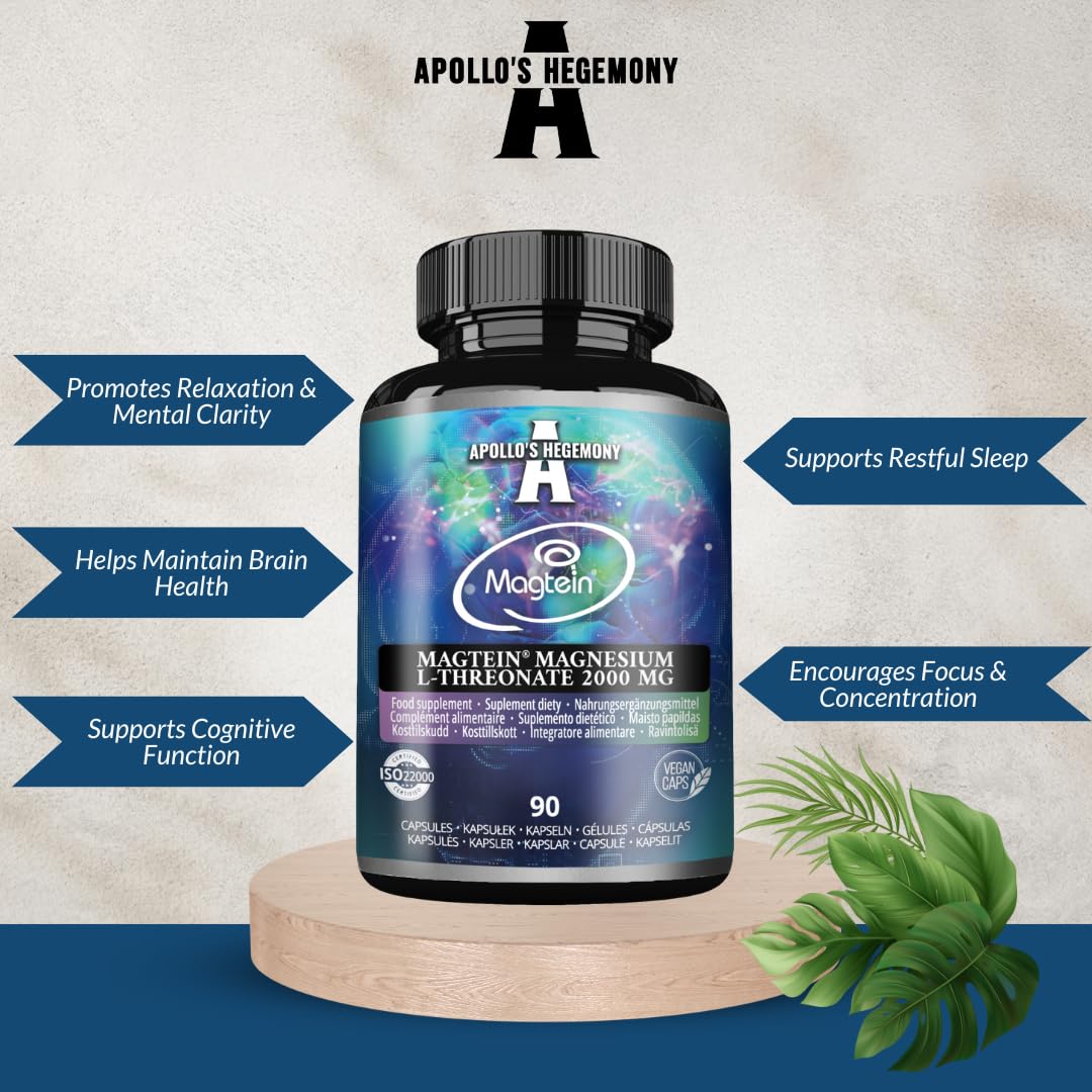 Magtein® Magnesium L-Threonate 144 mg per Daily Dose - 90 Vegan Capsules - 30-Day Supply - for Cognitive Function Support - by Apollo's Hegemony