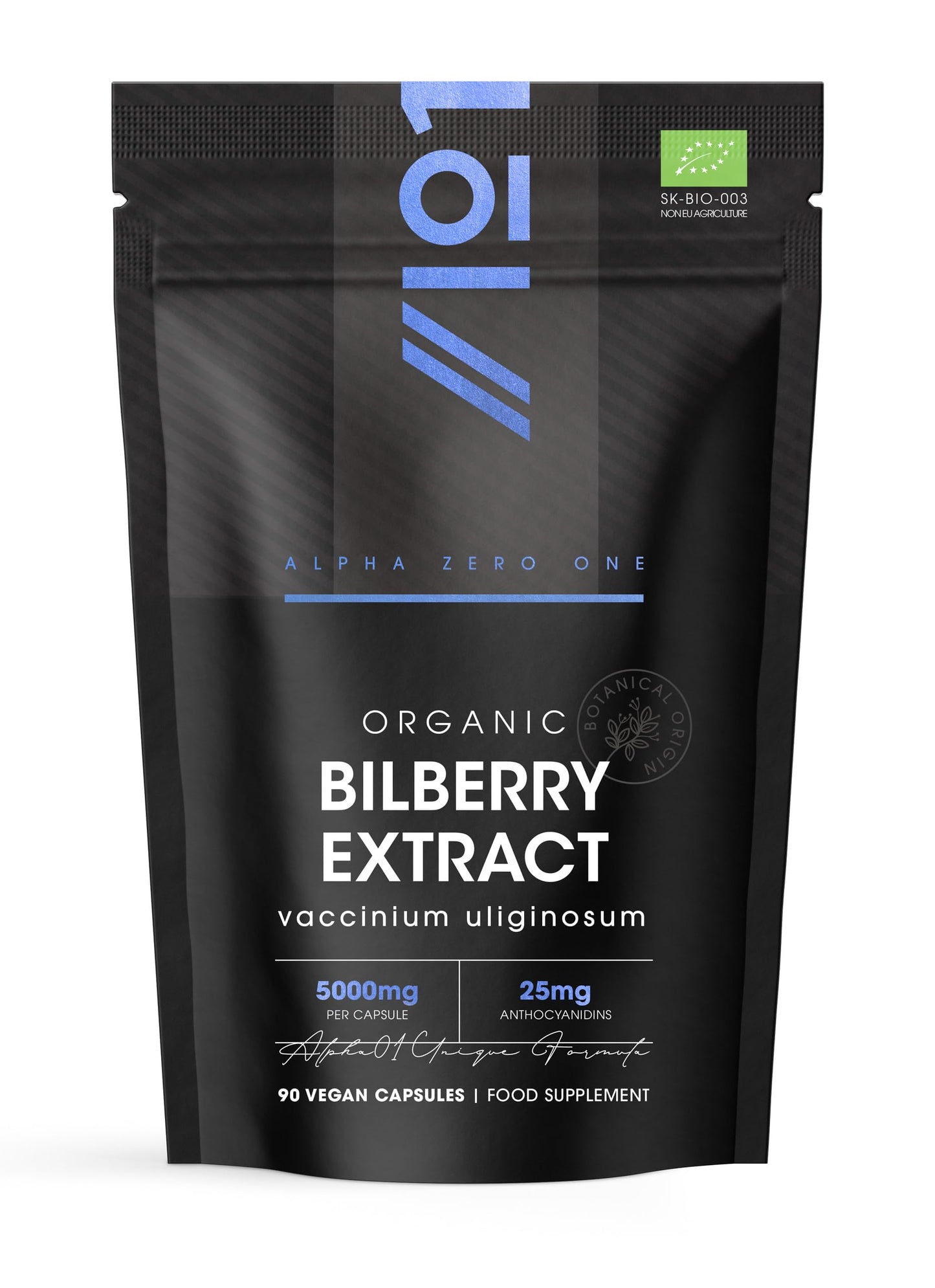 ALPHA01 Organic Bilberry Extract 5000mg – High Strength 5% Anthocyanidins – 90 Vegan Capsules (3 Months Supply) – Resealable and Recyclable Pouch – by Alpha01