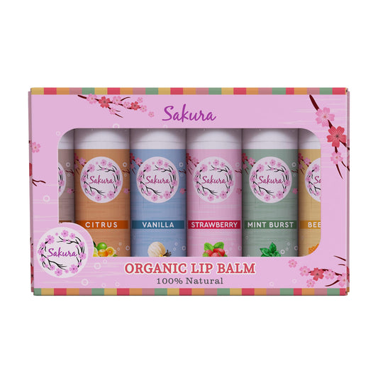 Generic Sakura Organic Lip Balm Set, 100% Natural, 6 Flavours - Strawberry, Citrus, Vanilla, Mint Burst, Beeswax and Coconut
