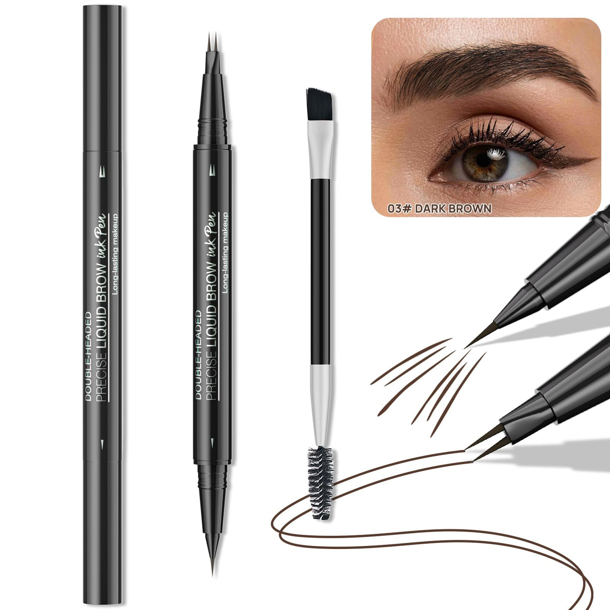 RZJZGZ Curved Eyebrow Pen, 3D Waterproof Eyebrow Pencil Contouring Pen, Brow Pencil 2-in-1 Dual-Ended with Micro-Fork-Tip and Precise Brush-Tip Create Natural Hair-Like Brows, Last All-Day, Dark Brown