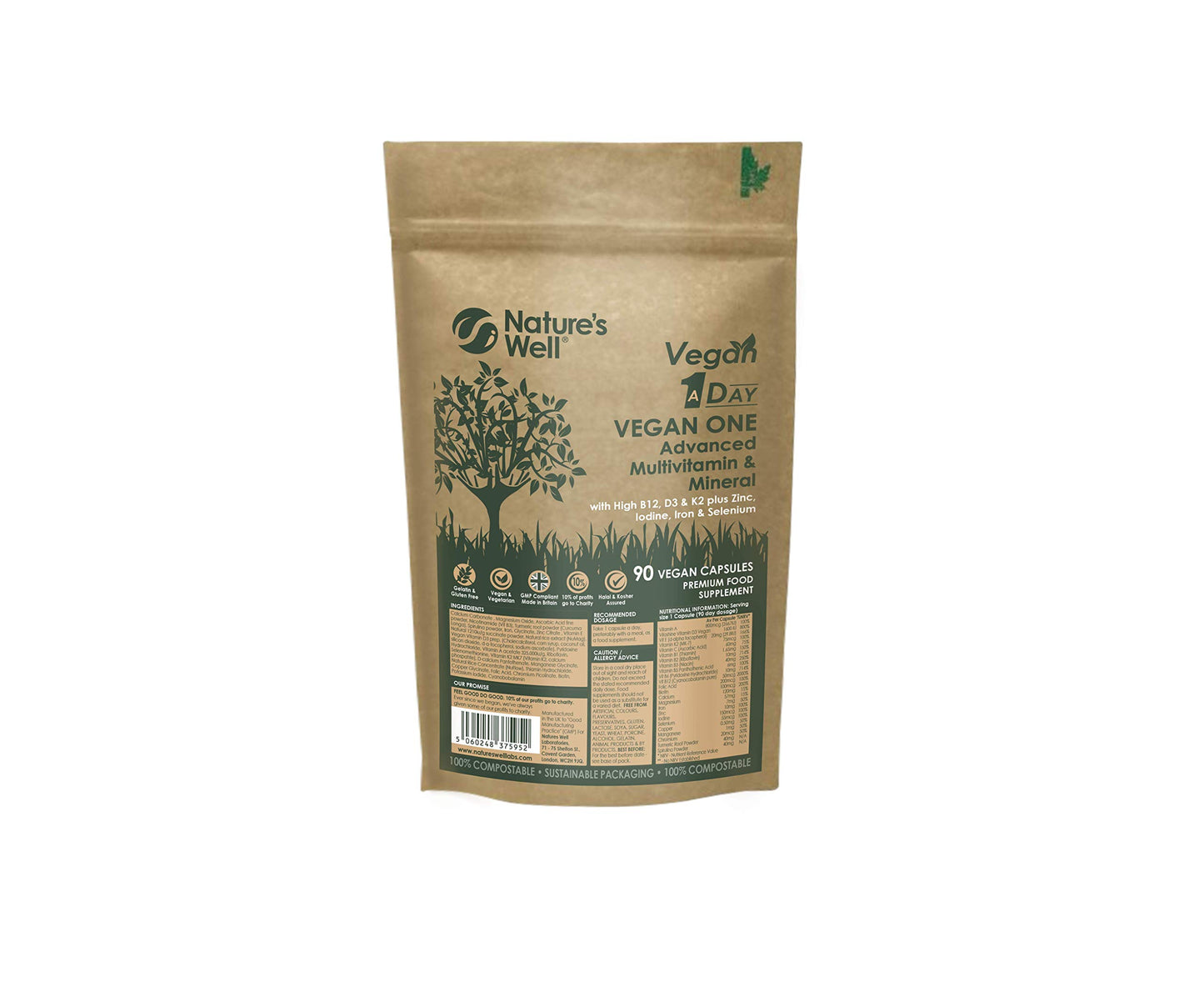 Nature's Well Vegan Multivitamins & Minerals with High Strength B12, D3 & K2, 90 Capsules – Halal & Kosher, Made in UK by Nature’s Well, Designed for Vegans & Vegetarians - Pouch