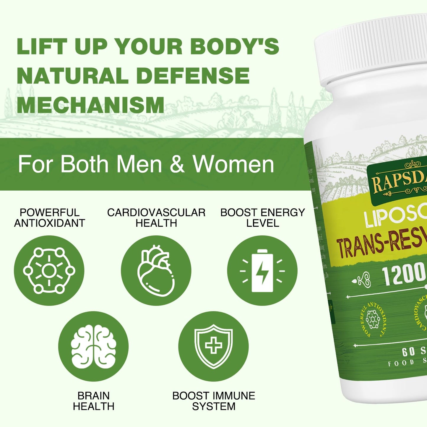 1200mg Liposomal Trans-Resveratrol, 98% Pure Formula, Trans Resveratrol Supplement, 60 Softgels for Heart, Skin, and Anti-Aging Antioxidant, Better Absorption