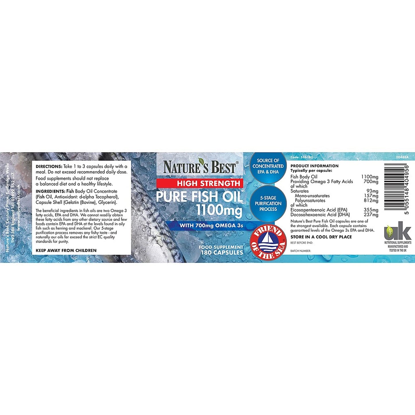 NATURE'S BEST Pure Fish Oil Capsules High Strength | 1100mg | 180 Capsules | One-A-Day | Essential Omega 3 Fish Oil | UK Made | UK’s Strongest Omega 3s with EPA 360mg and DHA 240mg