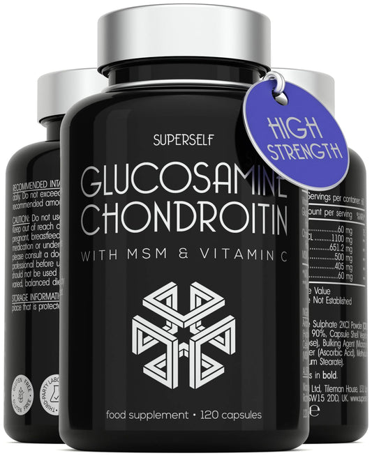 SuperSelf Glucosamine and Chondroitin High Strength - Glucosamine Sulphate with Chondroitin, MSM & Vitamin C - 120 Capsules - 1720mg Glucosamine Complex - Combination Joint Care Supplements for Men & Women