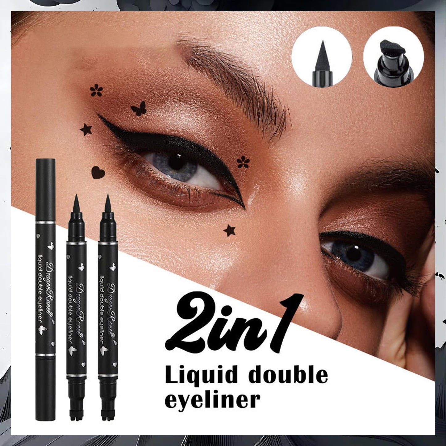 MINSHZEE Liquid Eyeliner, 5 Pcs Black Liquid Eyeliner Stamp Pen Set, Dual Tip Waterproof and Smudge-proof, Black Eyeliner Tattoo Makeup Tool, 5 Decorative Shapes (Heart, Flower, Star, Butterfly, Triangle Stamp