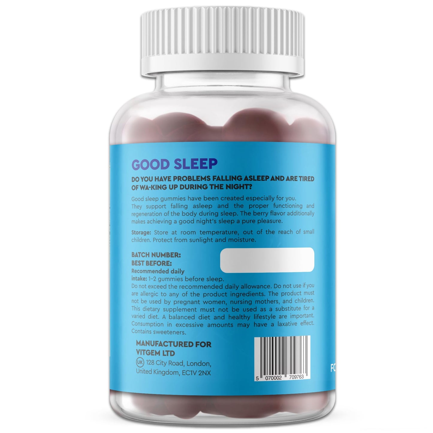 Vitgem Sleep Gummies - 60 Extra Strong Natural Sleep Aid for Adults with Ashwagandha and Magnesium – Sugar Free Blueberry Flavored Vegan Gummies for Relaxation, Restful Sleep and Sound Asleep