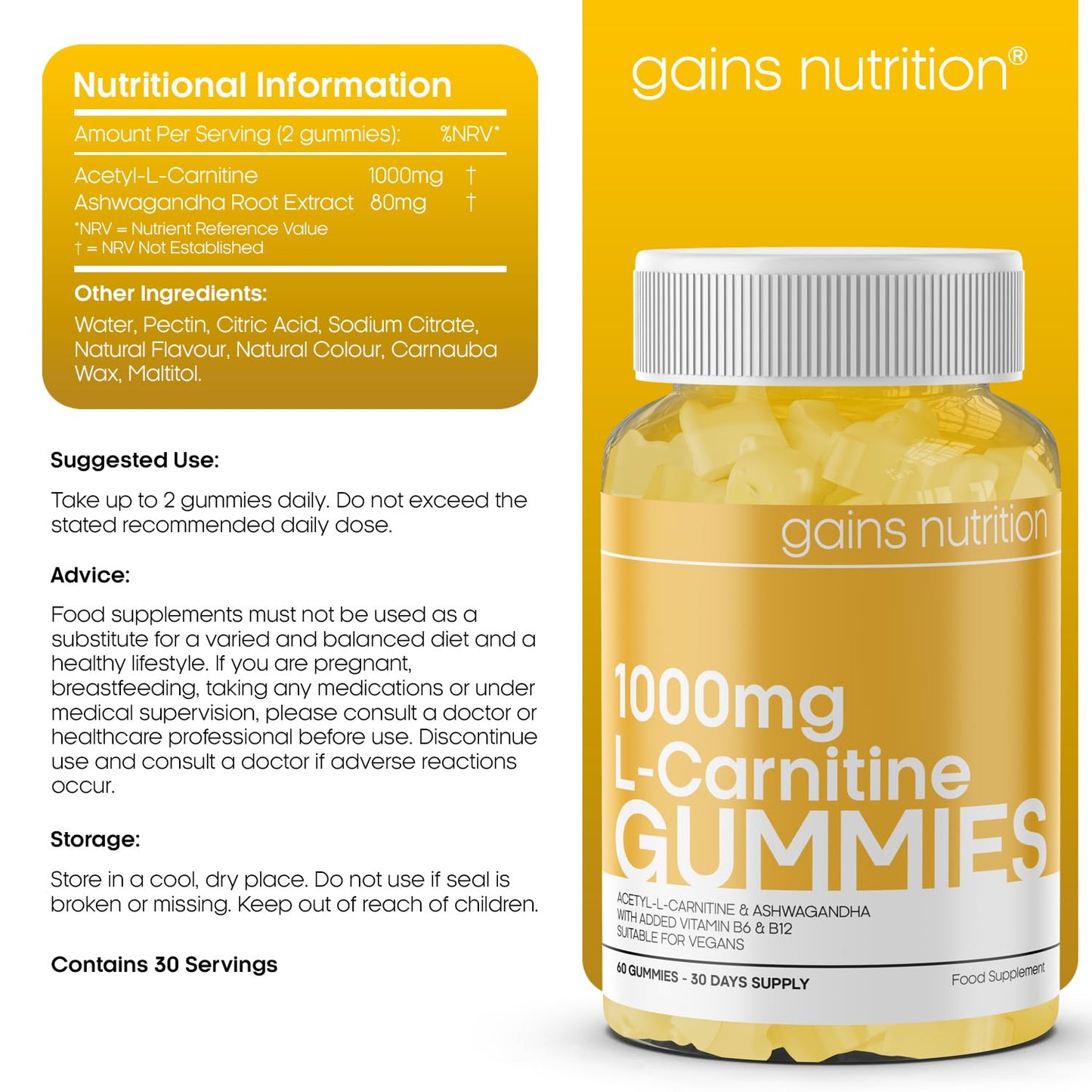 Acetyl L-Carnitine Gummies for Men & Women - 1000mg Acetyl L Carnitine Per Serving with Ashwagandha, Vitamins B6, B12 - Natural Mango Flavoured, Suitable for Vegans