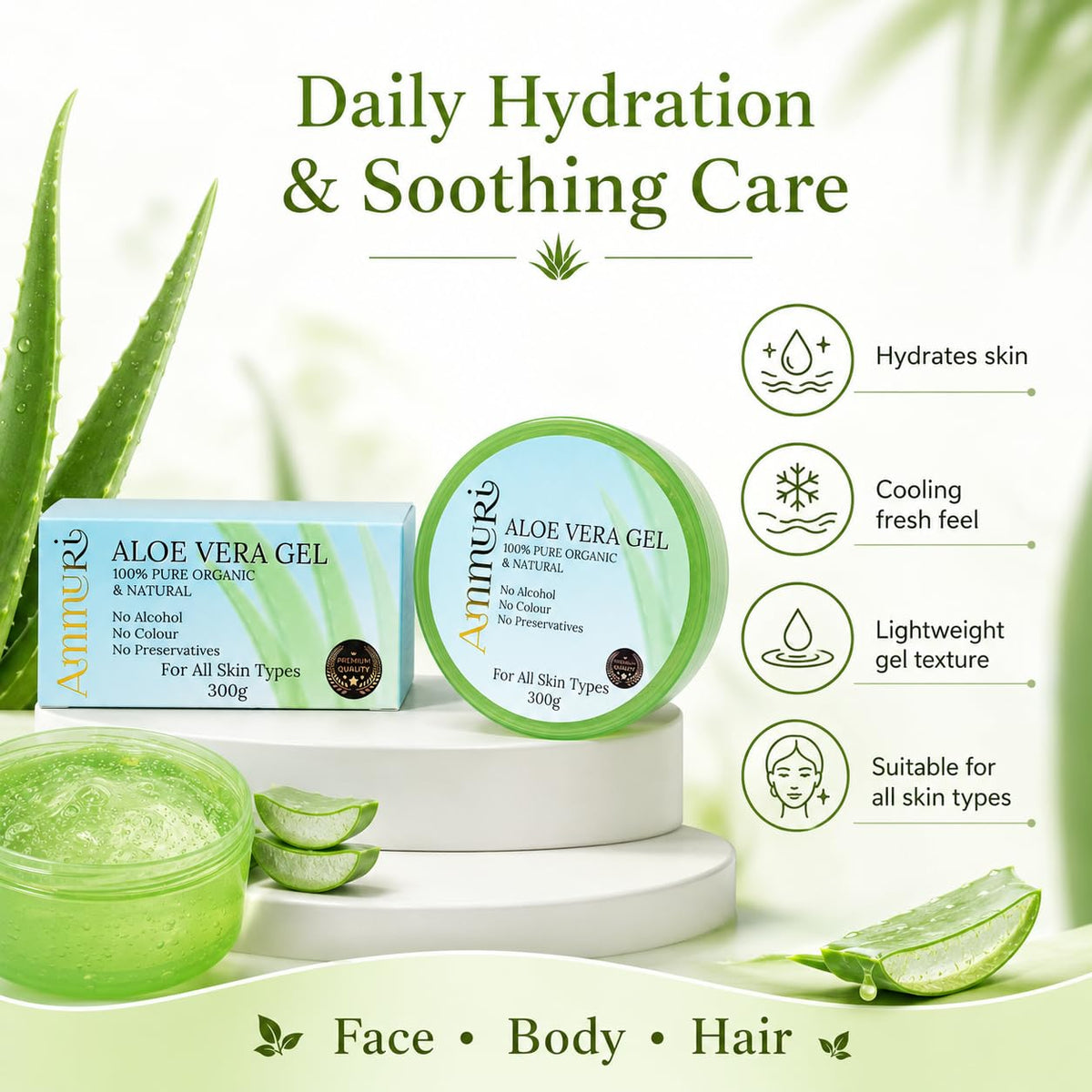 Ammuri Organic Aloe Vera Gel 300ml – 100% Pure Natural Cooling Moisturiser for Face, Hair & Body | Hydrating After Sun Lotion for Dry Skin | Non-Sticky Soothing Gel, Vegan & Cruelty-Free