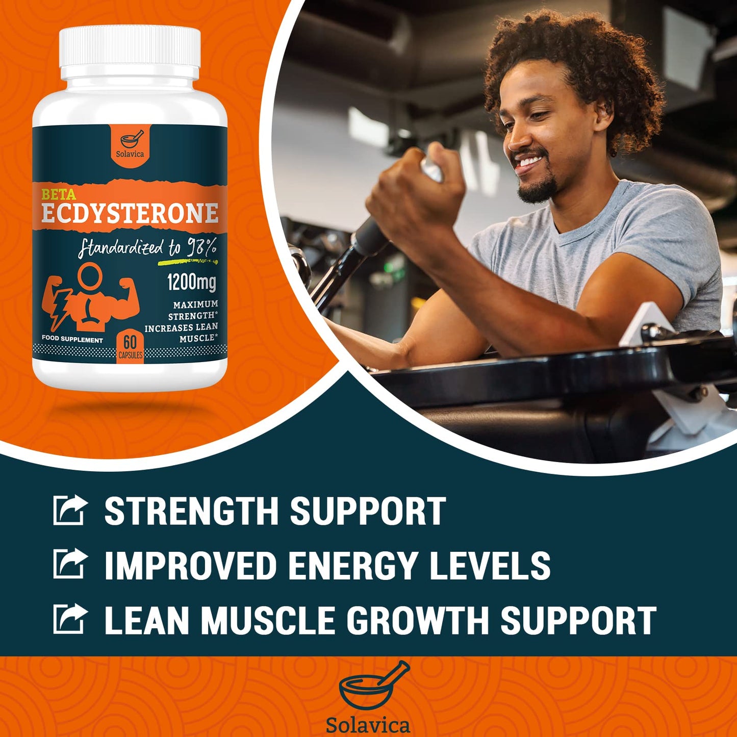 Solavica Beta Ecdysterone Supplement 1200mg -98% Maximum Purity Ecdysterone for Lean Muscle Building & Strength Gains, Promotes Endurance & Muscle Growth (60 Capsules)-1 Month Supply