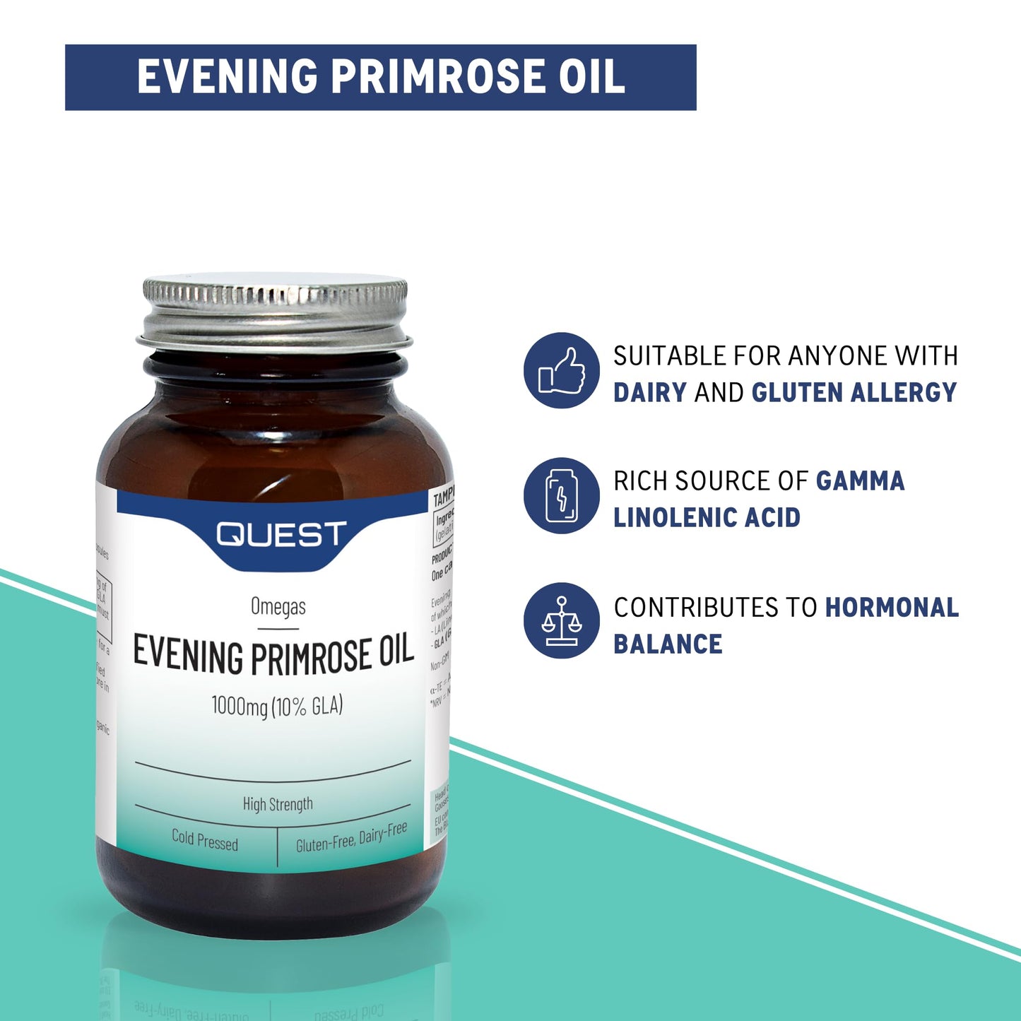 Quest Evening Primrose Oil 1000mg - 90x Primrose Oil Capsules 1000mg for Skin Support & Hormonal Balance. Cold Pressed Primrose Oil with 10% (100mg) GLA per 1000mg Capsule