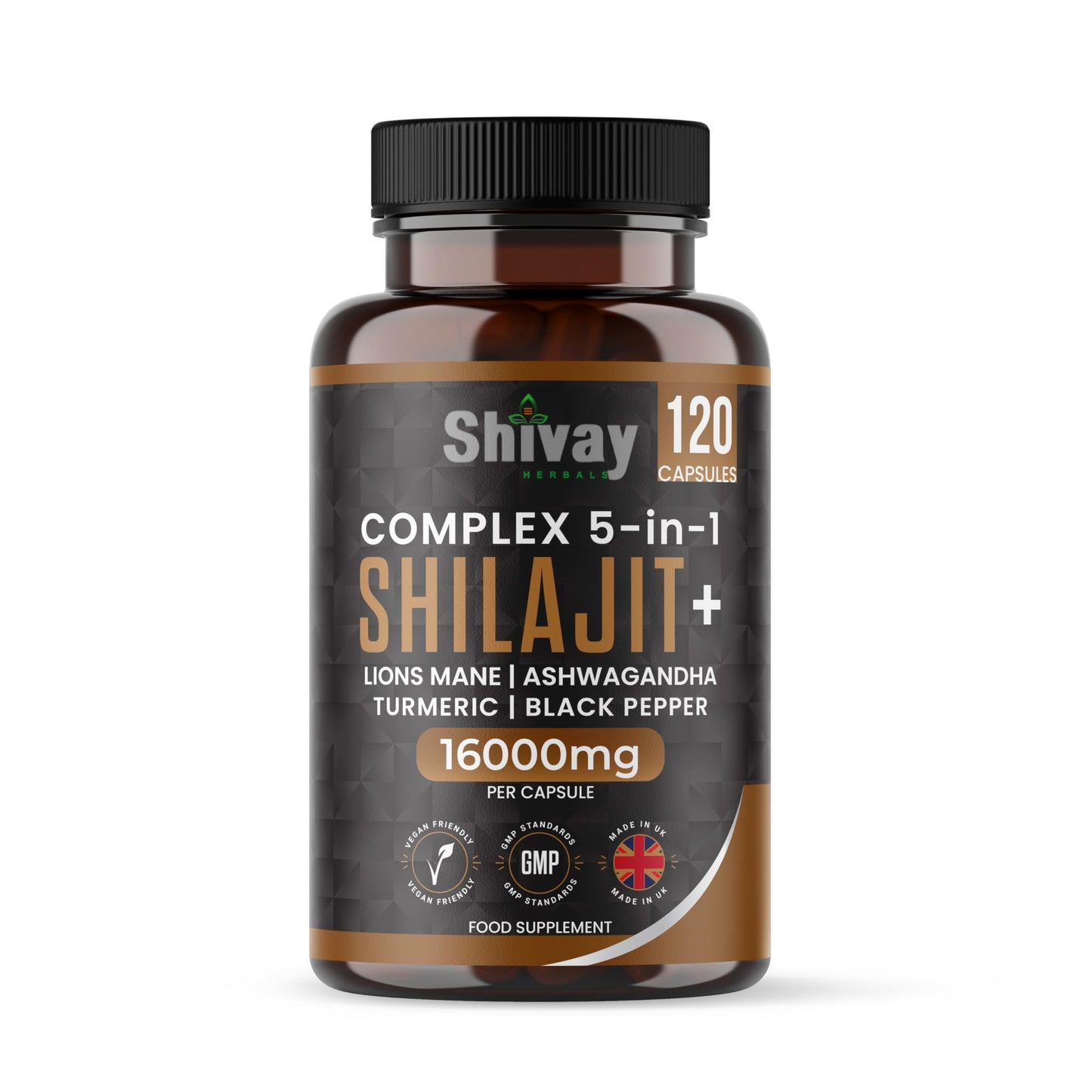 Shilajit 16000mg Complex 5 in 1 with Ashwagandha + Lions Mane | 120 Vegan Capsules - 4 Month Supply | High Strength Pure Himalayan Shilajit | Rich in Fulvic Acid | Made in UK by Shivay Herbals
