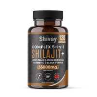 Shilajit 16000mg Complex 5 in 1 with Ashwagandha + Lions Mane | 120 Vegan Capsules - 4 Month Supply | High Strength Pure Himalayan Shilajit | Rich in Fulvic Acid | Made in UK by Shivay Herbals