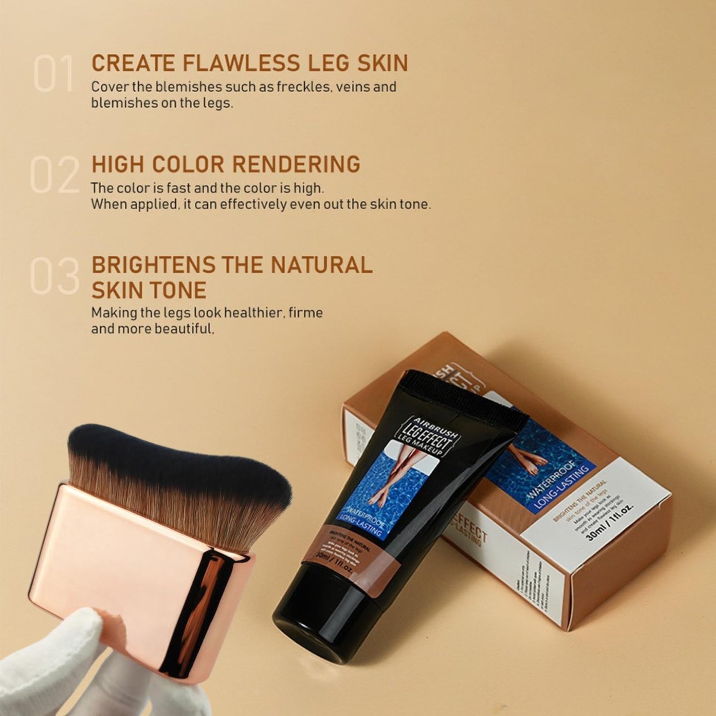 Leg Makeup Full Coverage & Brush Bundle,Leg Makeup To Cover Veins Concealer For Mature Skin,Long Lasting Smooth Tone Body Make up,Washable Off Instant Tan Water resistant No Transfer(#02)