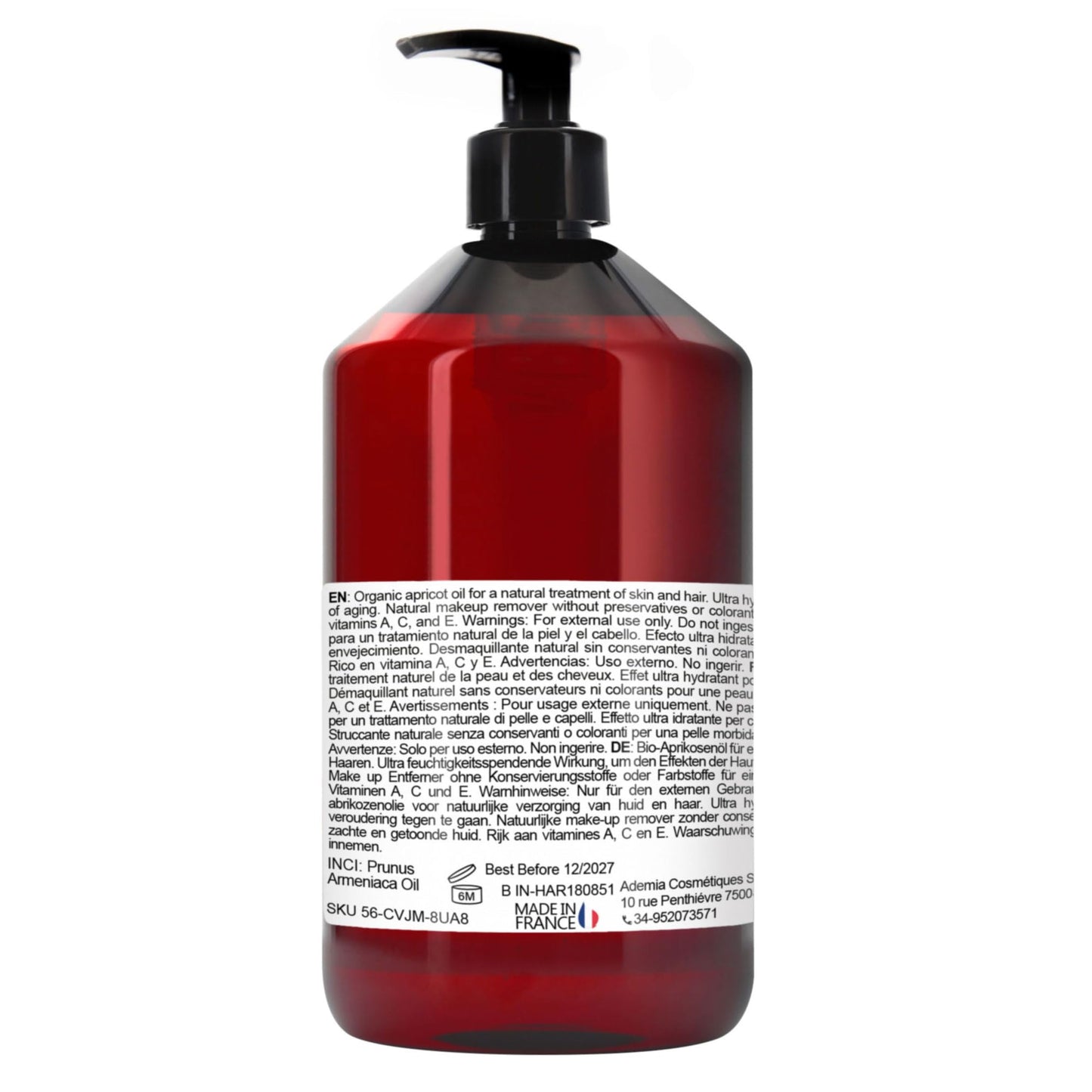 Oïléna Organic Apricot Oil 100% Pure, Natural, Vegan, No GMO - Aromatherapy Massage Oil Hair Skin Body Certified BIO Moisturiser for face, body and hair 500 ml 17.52 fl oz