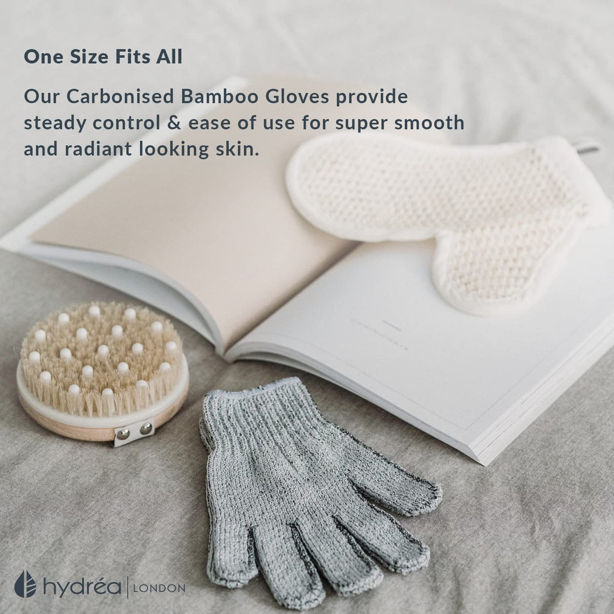 Hydrea London Exfoliating Gloves - Carbonised Bamboo Face Exfoliator & Body Scrubber for Men & Women - Deep-Cleansing & Smoothing Shower Mitt Exfoliant - Charcoal Facial Bath Scrub for Skincare