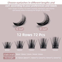 Cluster Lashes 72 Pcs QUEWEL Wide Stem Individual Lashes C/D Curl 8-16mm Length DIY Eyelash Extension False Eyelashes Soft for Personal Makeup Use at Home (natural03-C-14)