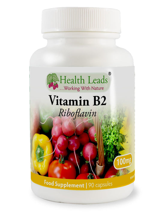 Health Leads ...Working With Nature Vitamin B2 100mg x 90 Capsules, Magnesium Stearate Free & No Nasty Additives, No-GMO, Vegan, Riboflavin Helps with Tiredness and Fatigue, Supports Energy Levels, Made in Wales