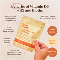 Vitamin D3 + K2 and Biotin, 3 in 1 Complex | High Strength D3 4000IU, K2 MK-7 & Biotin 6000mcg | Immunity, Heart, Hair, Skin, Nails, Support | UK Made | Lab-Tested | 90 Capsules | Free Soul