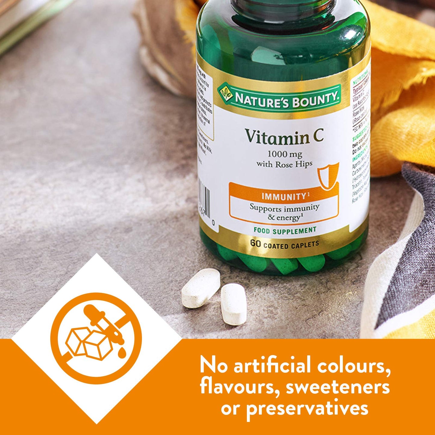 Nature's Bounty Vitamin C 1000 mg with Rose Hips - Pack of 60 Coated Caplets - Supports Immunity and Energy - Vegan and Gluten Free