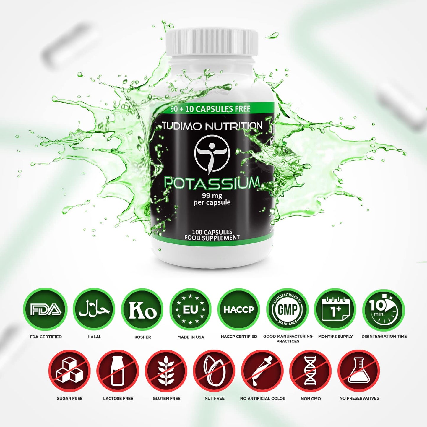 TUDIMO Potassium Supplements | Potassium Gluconate Capsules - 99mg per Capsule - 100 Capsules, Each with 99 mg of Premium Quality Potasium Gluconate Powder