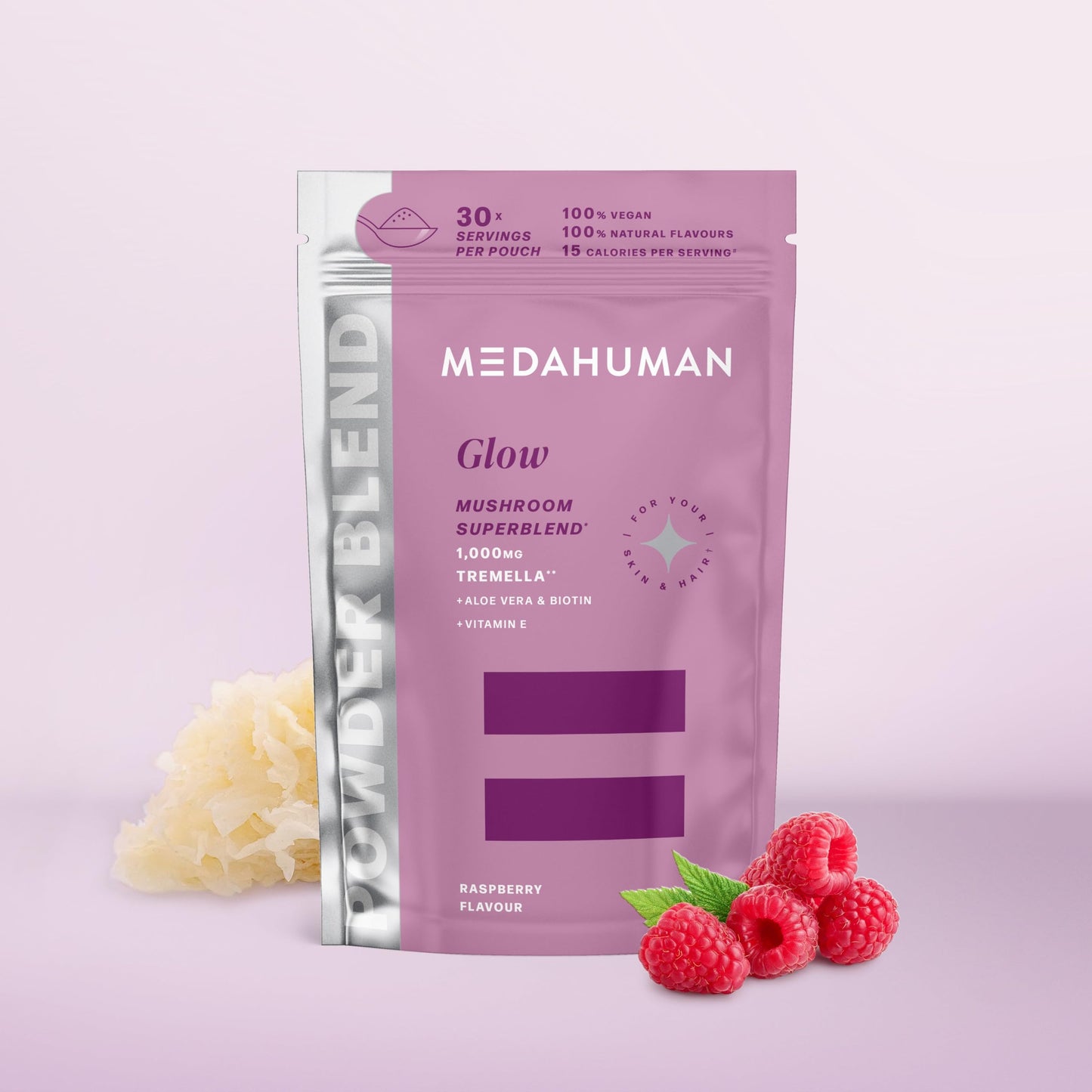 MEDAHUMAN® Glow | Tremella Mushroom Powder (30 Servings) | Adaptogen Superblend Mushroom Supplement with Biotin, Vitamin E and Aloe Vera to Promote Glowy Skin & Boost Collagen | Raspberry Flavour