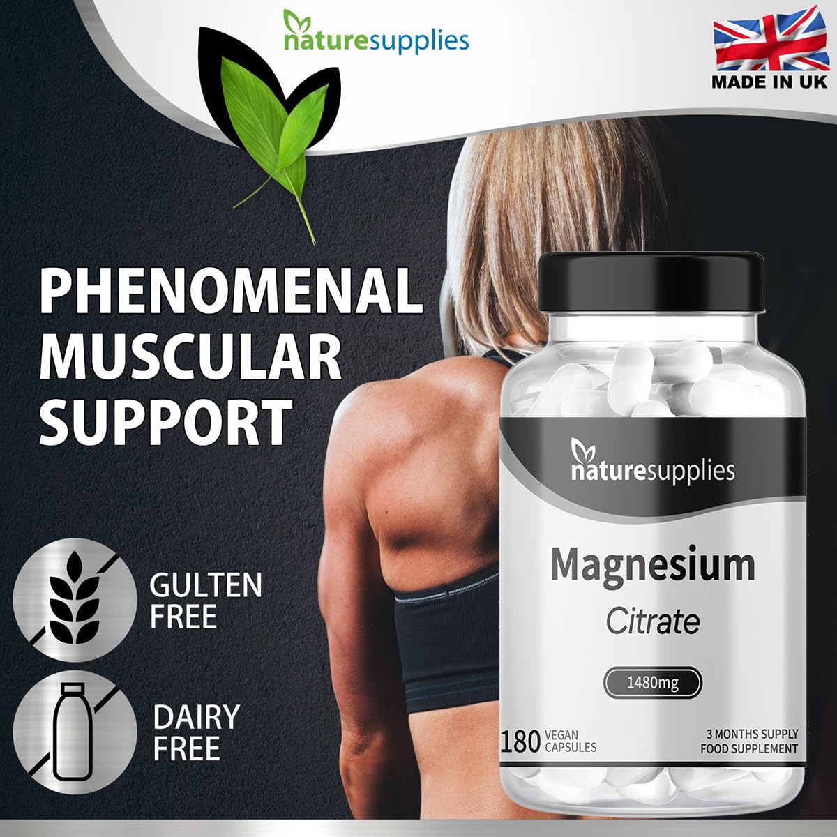 Magnesium Citrate Capsules 1480mg, 180 Per Bottle 3 Months Supply UK-Made, High Absorption Magnesium Supplements, Contributes to The Normal Function of Bones, Teeth, Energy - Naturesupplies…