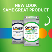 Centrum Advance 50+ Tablets Multivitamin & Mineral Supplements, with 24 essential nutrients, including vitamin D, C, Zinc, 100 ct (Product may vary).