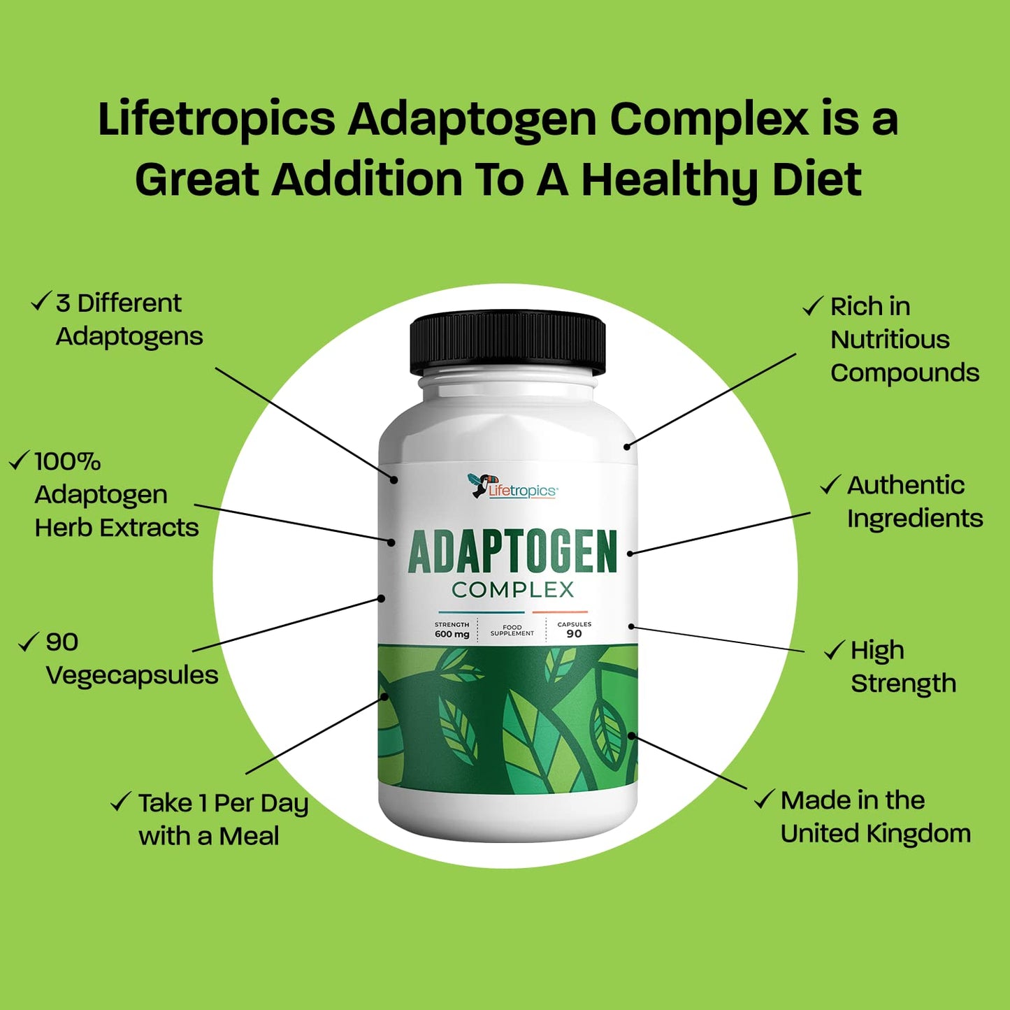 Lifetropics Adaptogen Complex | Plant-Based Supplement | Contains Ashwagandha, Rhodiola Rosea, Bacopa Monnieri | Rich in Withanolides, Salidrosides, Rosavins, Bacosides | 90 Vegecaps
