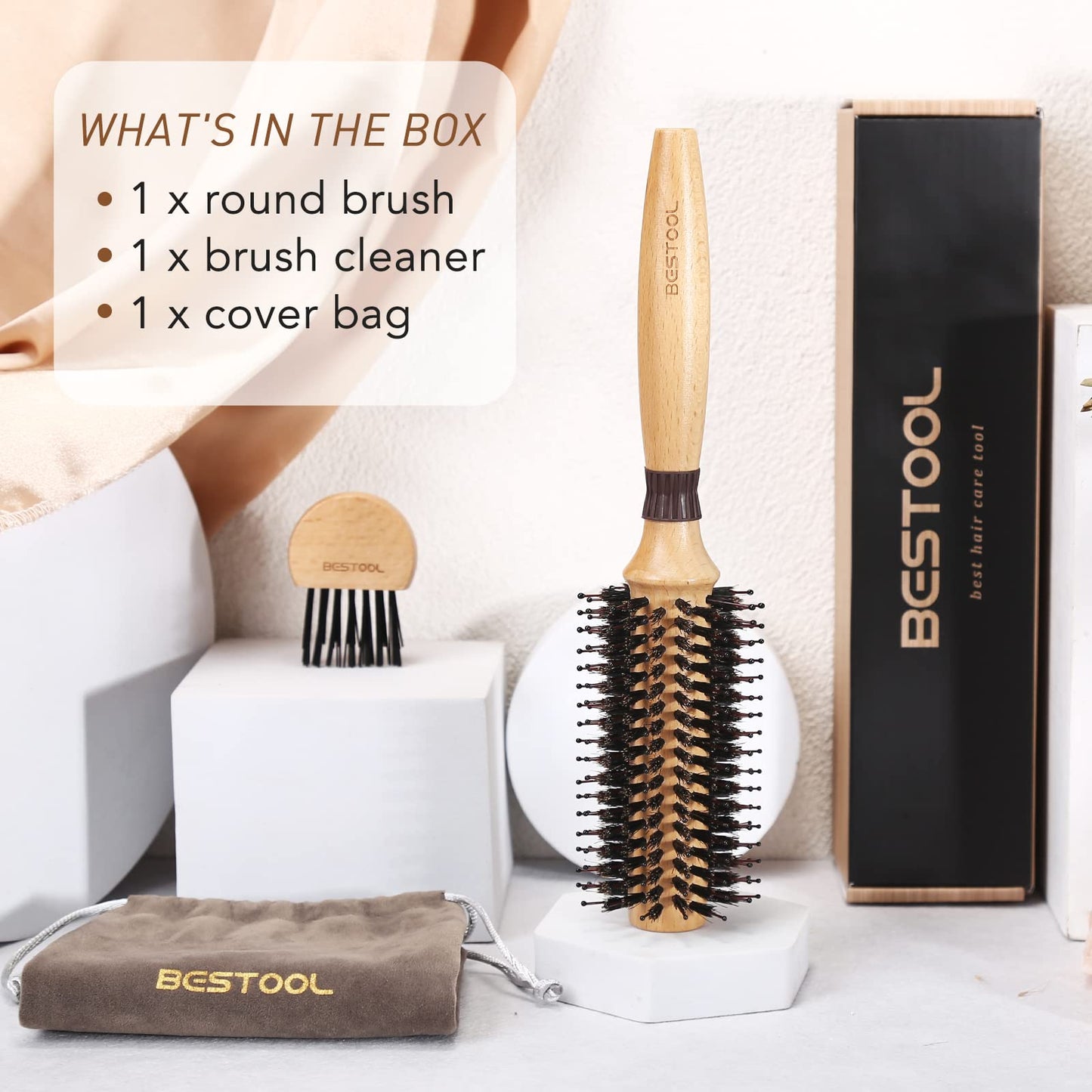 BESTOOL Round Brush for Blow-Drying, Boar Bristles with Nylon Pins Round Hair Brush, Professional Round Styling Brush for Women and Men, Straightening, Curling, Improving Hair Texture (Barrel 20mm)