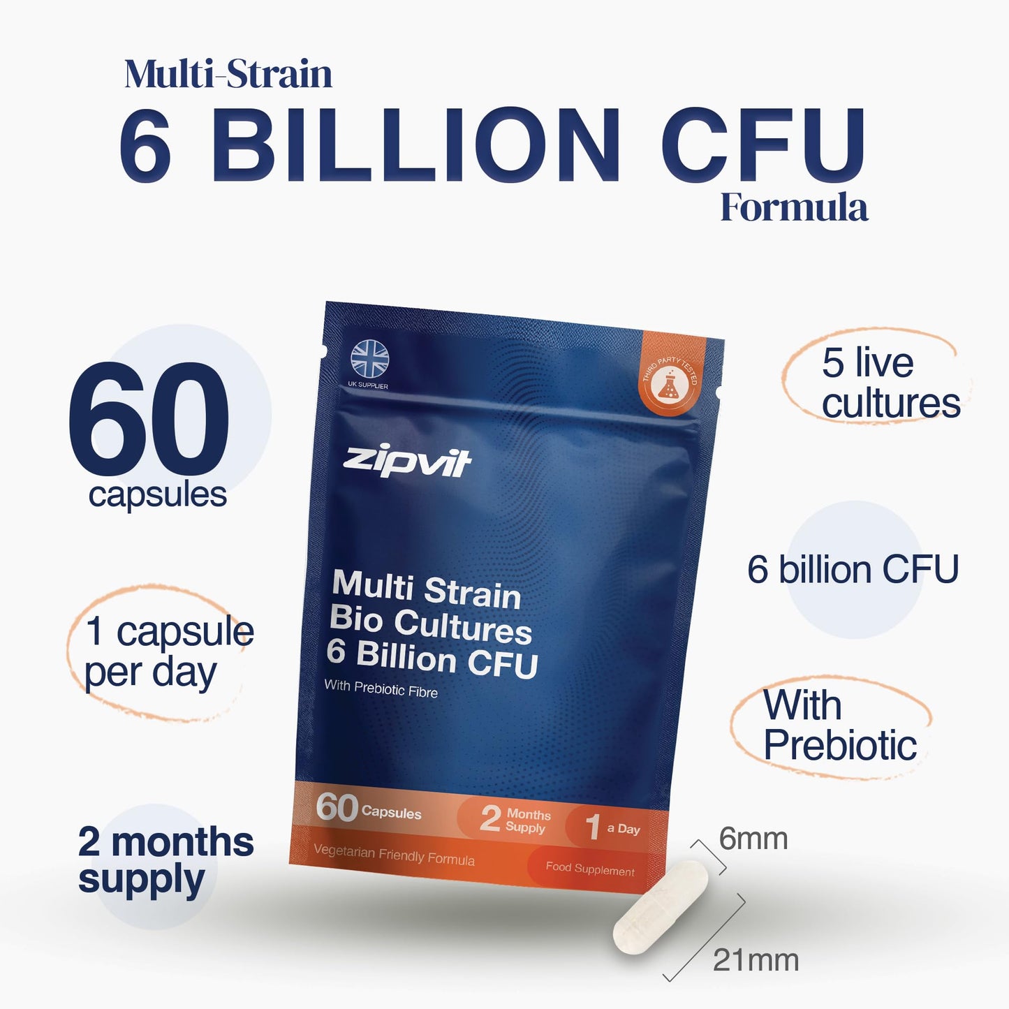 Zipvit Bio Cultures 6 Billion CFU with Prebiotic, Includes Lactobacillus & Bifidobacterium, 5 Live Strains, 60 Vegetarian Capsules, 2 Months Supply, Eco-Friendly Pouch