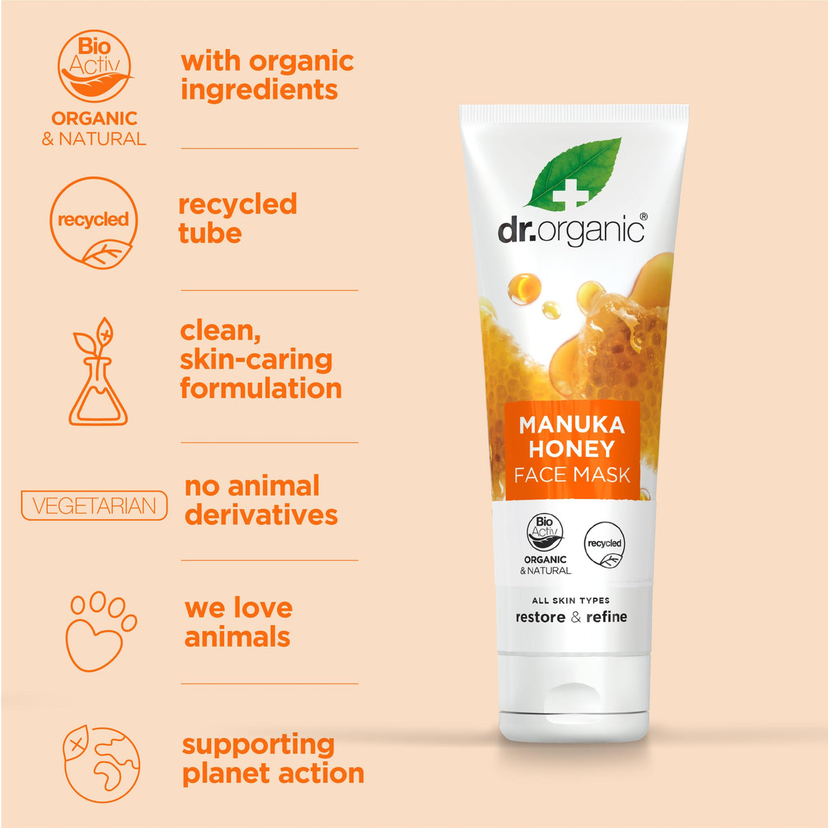 Dr. Organic Dr Organic Manuka Honey Face Mask, Nourising, Dry Skin, Mens, Womens, Natural, Vegetarian, Cruelty-Free, Paraben & SLS-Free, Recycled & Recyclable, Organic, 125ml, Packaging May Vary