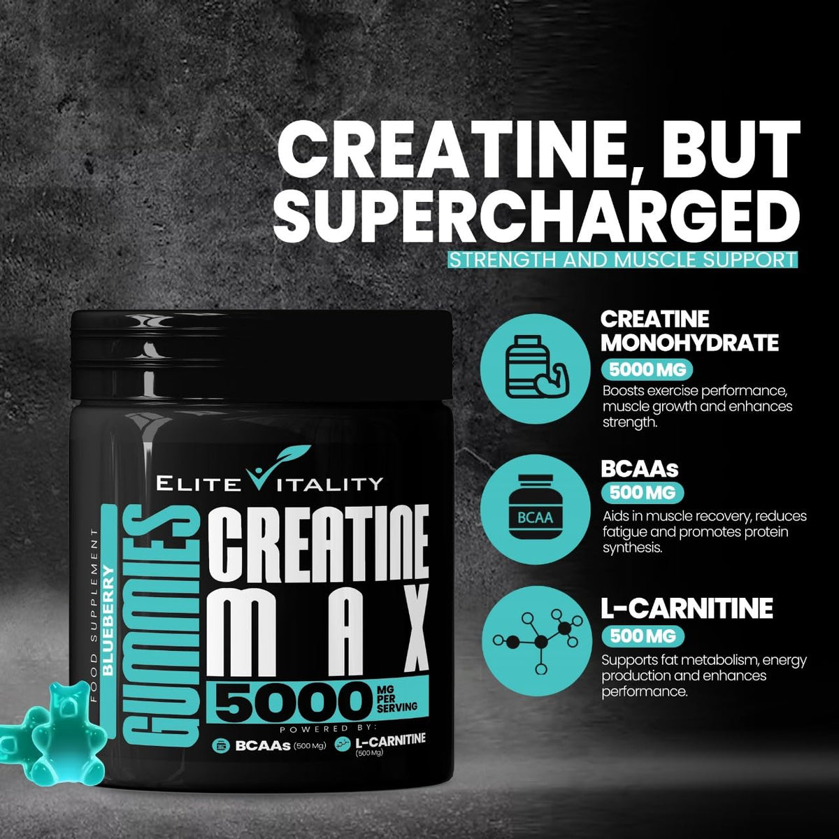 Elite Vitality Creatine Monohydrate 90 Gummies 5000mg + BCAAs & L-Carnitine – 3rd Party Lab Tested, Vegan, Sugar-Free, Pre Workout Muscle Growth & Recovery Gym Supplement for Men & Women – Tangy Blueberry Blast
