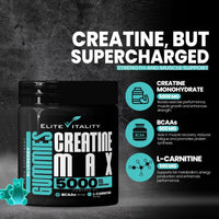 Elite Vitality Creatine Monohydrate 90 Gummies 5000mg + BCAAs & L-Carnitine – 3rd Party Lab Tested, Vegan, Sugar-Free, Pre Workout Muscle Growth & Recovery Gym Supplement for Men & Women – Tangy Blueberry Blast