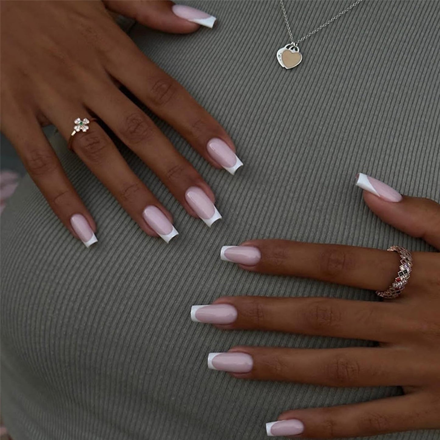 HERBINSOLS French Tip False Nails - Long Press On Nails Square - 24pcs White French Tip Nails - High Glossy Fake Nails With Glue - Coffin Shape Full Cover Acrylic Stick On Nail For Women Girls