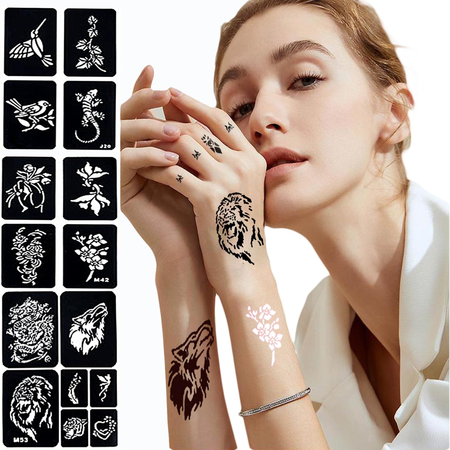 SHEBEEDO Tattoo Stencils kit,14 Sheets of Temporary Tattoos for Women,Indian and Arabian Temporary Tattoos for Finger Hands Body Painting,Realistic Semi - Permanent Fake Tattoos