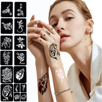 SHEBEEDO Tattoo Stencils kit,14 Sheets of Temporary Tattoos for Women,Indian and Arabian Temporary Tattoos for Finger Hands Body Painting,Realistic Semi - Permanent Fake Tattoos