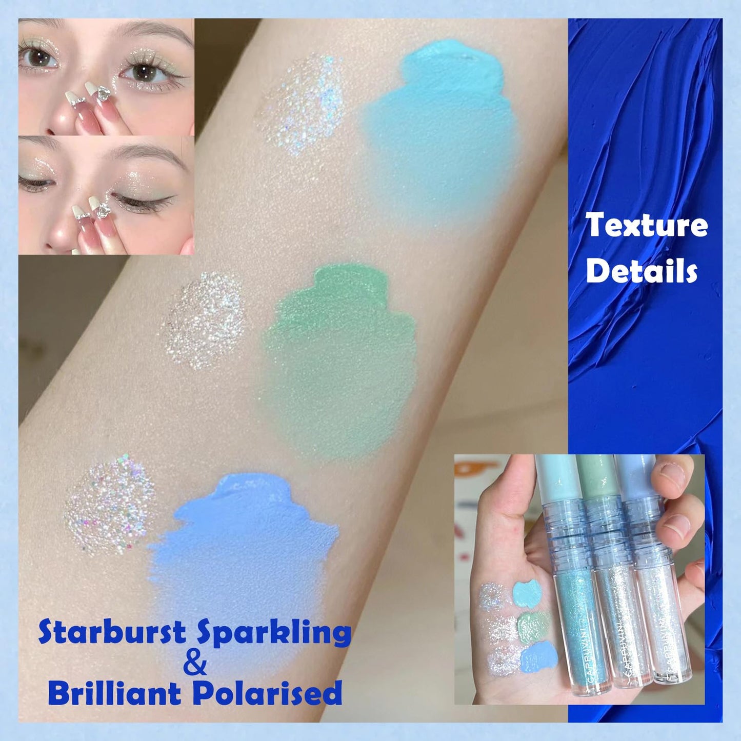 MINSHZEE Shimmering Eyeshadow Palette, Blue-Purple-Green Shades, Liquid Eyeshadow, Pearlescent Matte Effect, 3-in-1, Quick Drying, Long Lasting