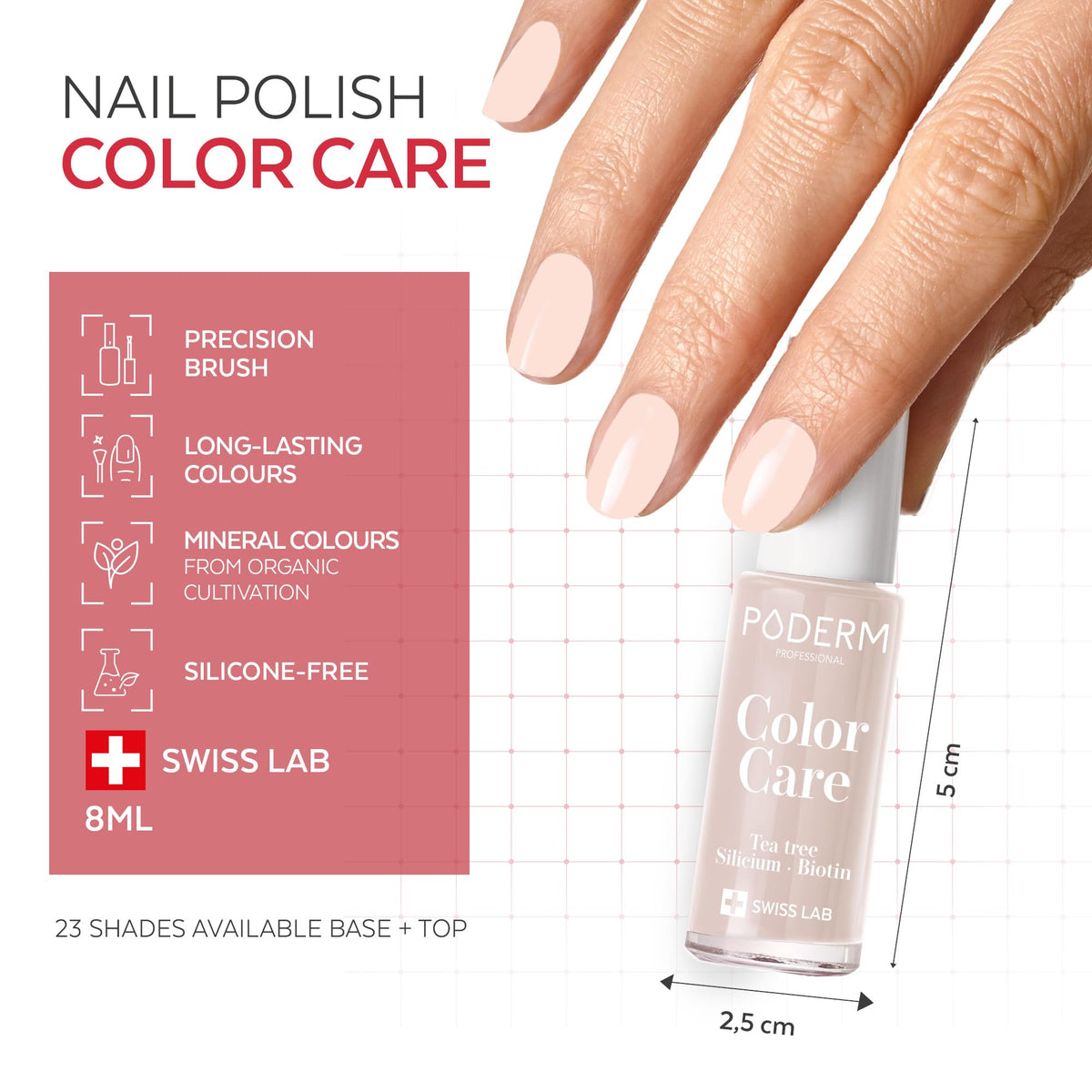 PODERM Nail Care Polish with Tea Tree - Powder Pink | Swiss Lab - 8ML | Enriched with Tea Tree, Silicon & Biotin | Purifies, Clarifies & Nourishes Yellow Nails | Created by a Podiatrist
