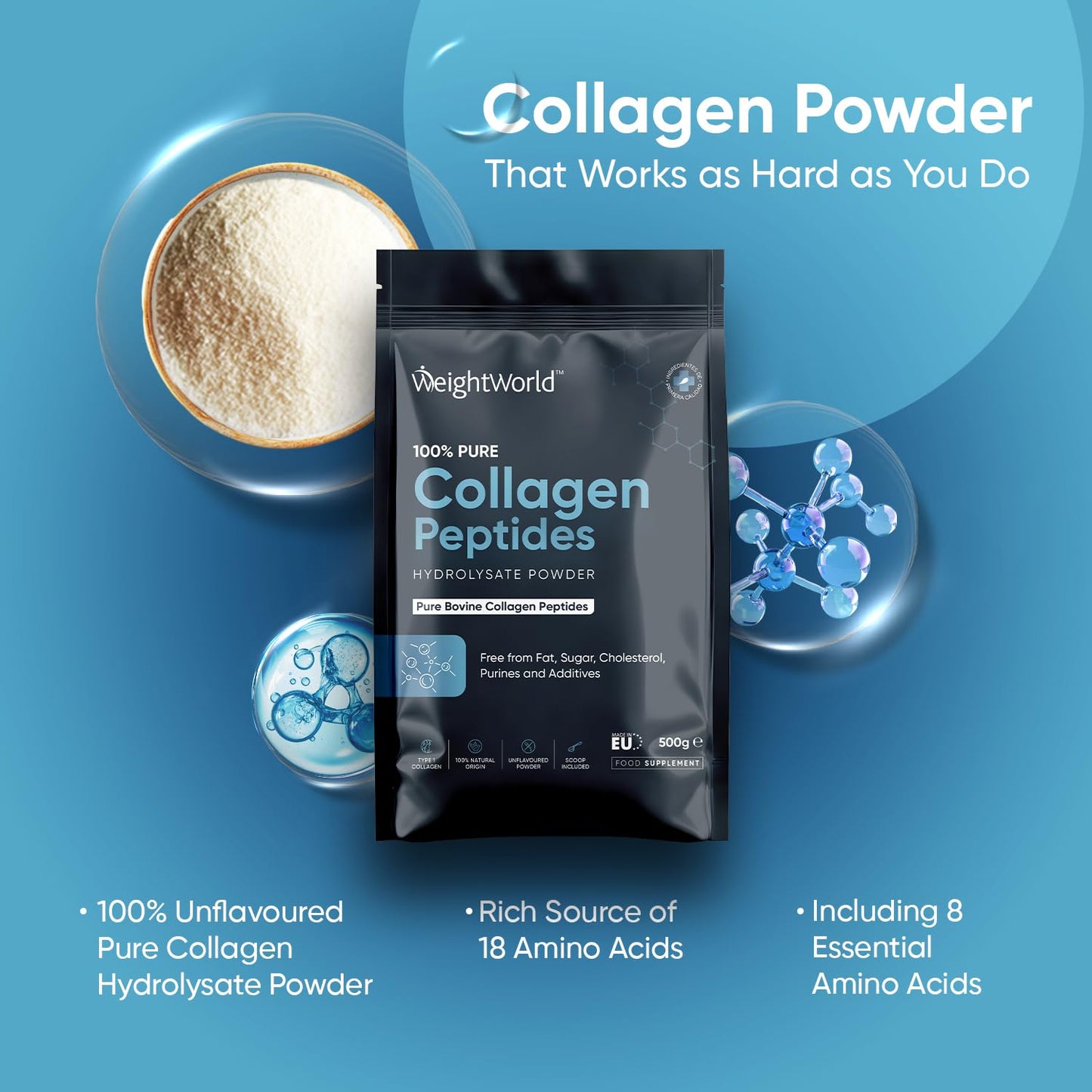 Hydrolysate Bovine Collagen Powder | 500g | Collagen Peptides Powder | Rich in 8 Essential Amino Acids | 50 Servings | Type-1 Collagen Supplements for Women & Men | Halal Certified | Scoop Included