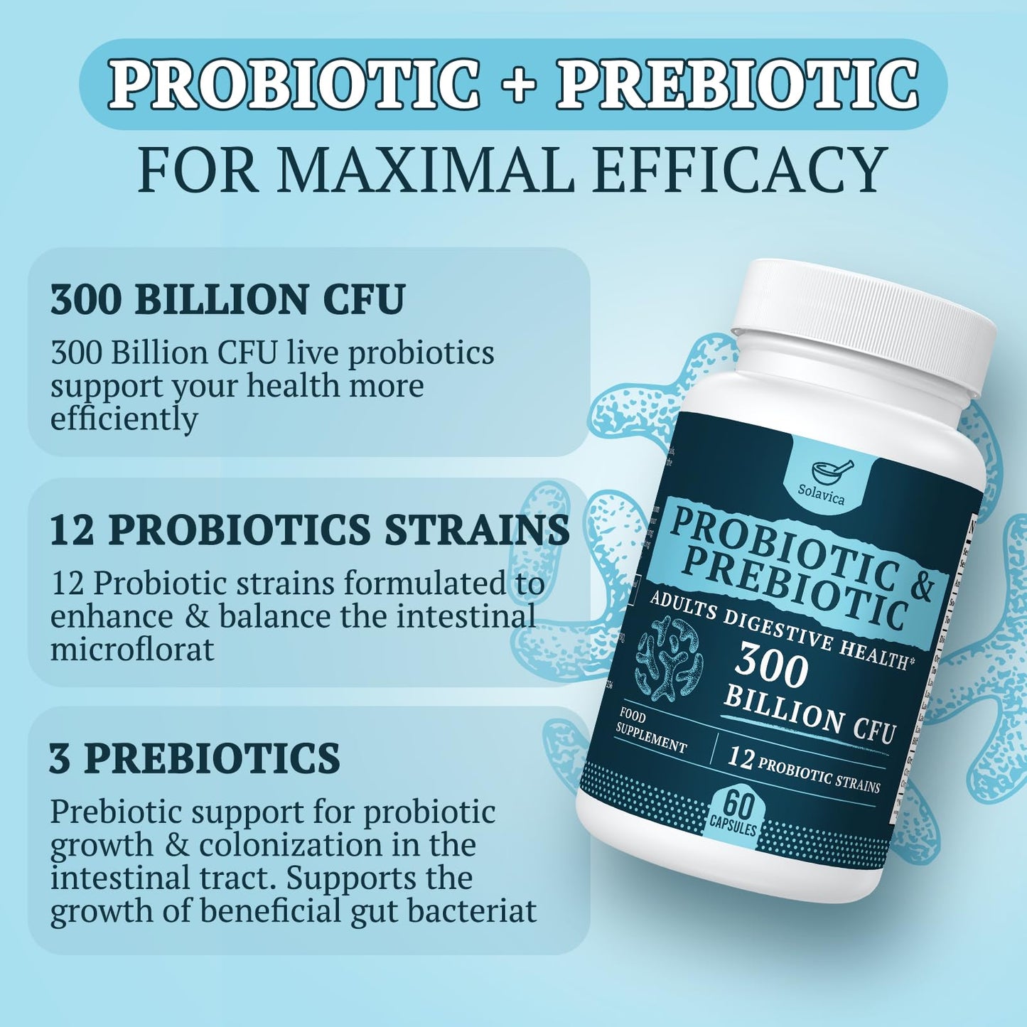 300 Billion CFU Probiotics for Digestive Gut & Immune Health, Advanced Strength Probiotics with 12 Diverse Strains + 3 Prebiotics for Women & Men (60 Count (Pack of 1))