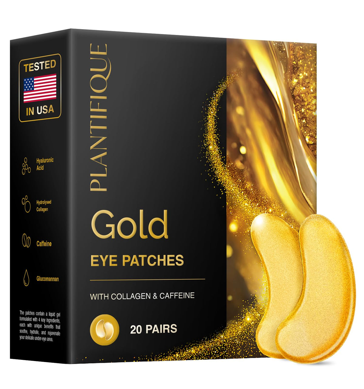 PLANTIFIQUE 24K Gold Under Eye Patches - Dermatologist Tested - 20 Pairs Collagen & Hyaluronic Acid Eye Masks for Dark Circles & Puffiness