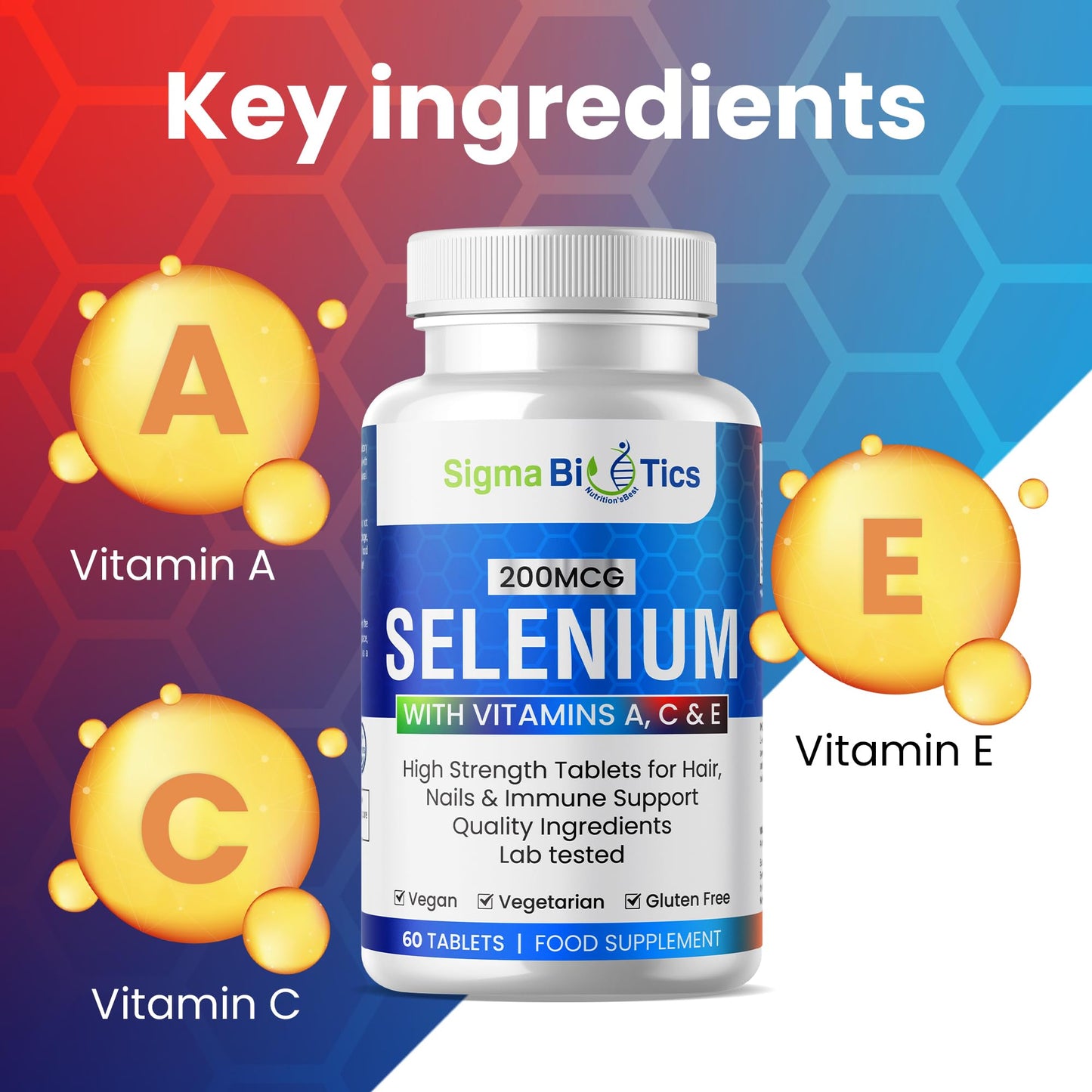 SigmaBiotics Selenium with Vitamins A, C & E - Promotes Healthy Hair, Skin & Nails - Supports The Immune System - Superior Absorption Formula - Vegan and Gluten Free - 60 Tablets