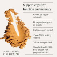 KIKI HEALTH KIKI Health Organic Lion's Mane Extract Mushroom Powder | for Cognition, Memory, Brain Health and Mental Focus | Clarity of Mind | 30% Beta-Glucan Rich Polysaccharides | 100% Fruiting Bodies | 50g