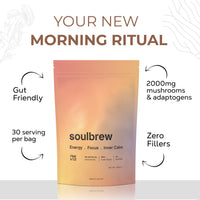 SoulBrew Rise - Mushroom Coffee Alternative - with Lion's Mane, Cordyceps, Chaga, Maca, Ashwagandha & Cacao – Gut Friendly Nootropic Superfood with Adaptogens for Energy & Focus - Vegan - 30 Servings