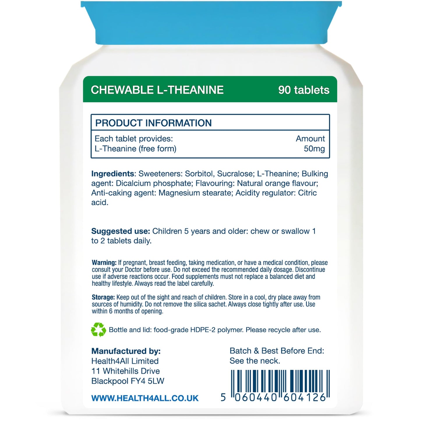 Health4All Kids L-Theanine 50mg 90 Chewable Tablets 3 Months Supply, Supports Focus, Attention & Concentration in Children, Orange Flavour Sugar-Free L-Theanine Supplement | Made in UK (not Gummies)