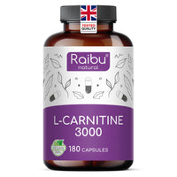 RAIBU L-Carnitine 3000-180 High-Strength Capsules - L-Carnitine Tartrate 3000mg per Daily Dose - Energy & Metabolism Support - Vegan, Natural & Laboratory Tested - Raibu