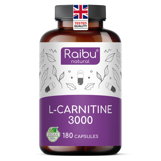 RAIBU L-Carnitine 3000-180 High-Strength Capsules - L-Carnitine Tartrate 3000mg per Daily Dose - Energy & Metabolism Support - Vegan, Natural & Laboratory Tested - Raibu