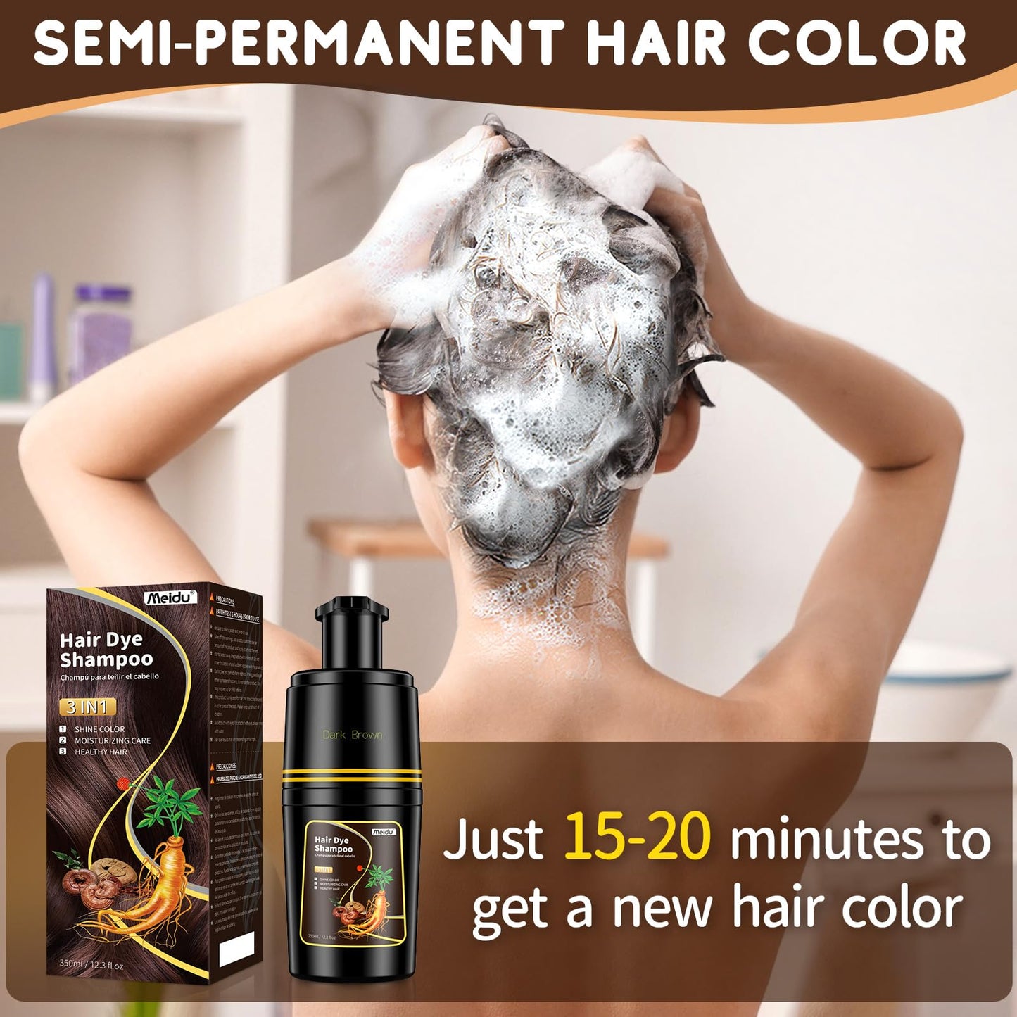 IIIMEIDU Black Hair dye Shampoo 3 in 1, Natural Hair Color Shampoo for Gray Hair, Herbal Hair Dye Shampoo for Women and Men 100% Grey Hair Coverage,350ml (Dark brown)
