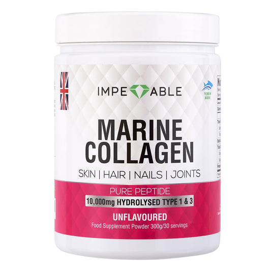 Impeccable IMPECCABLE Marine Collagen Powder - Hydrolysed Collagen Peptides 10,000 mg. Skin, Hair, Nails & Joint Support - Unflavoured, Easy-Mix Collagen Supplement for Women & Men. 300 g / 30 Servings.