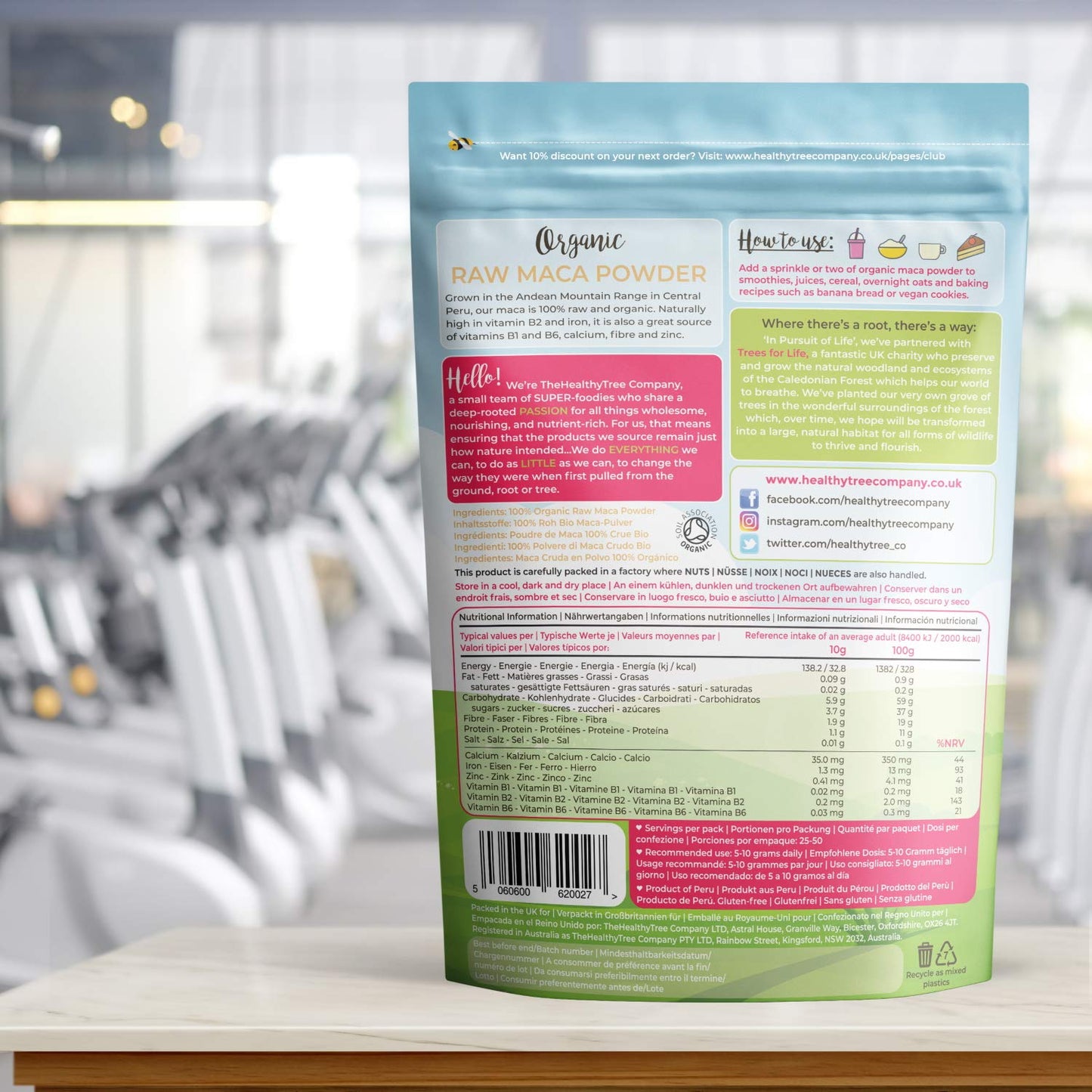 Organic Maca Powder by TheHealthyTree Company for Vegan Smoothies, Oats and Baking - High in Vitamin B2, Fibre, Iron and Calcium - Peruvian Raw Maca Root (250g)